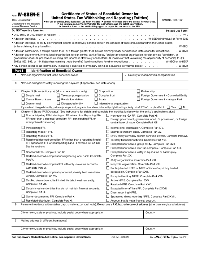  Form W 8BEN E Rev October Certificate of Status of Beneficial Owner for United States Tax Withholding and Reporting Entities 2021-2024